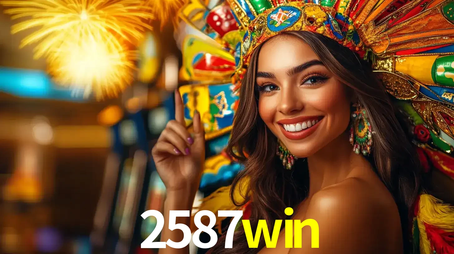 Mulher sorridente com um cocar de carnaval vibrante e colorido, celebrando uma grande vitória nos jogos do cassino 2587win com fogos de artifício ao fundo.