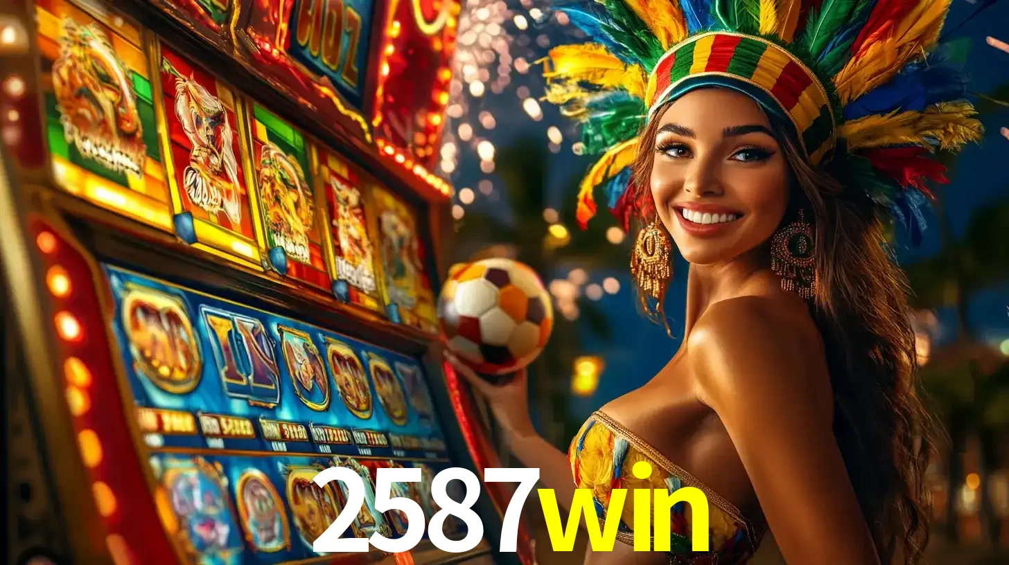 Mulher com um cocar de carnaval ao lado de uma máquina de caça-níqueis enquanto segura uma bola de futebol, mostrando a união da diversão de cassino e esportes no 2587win.