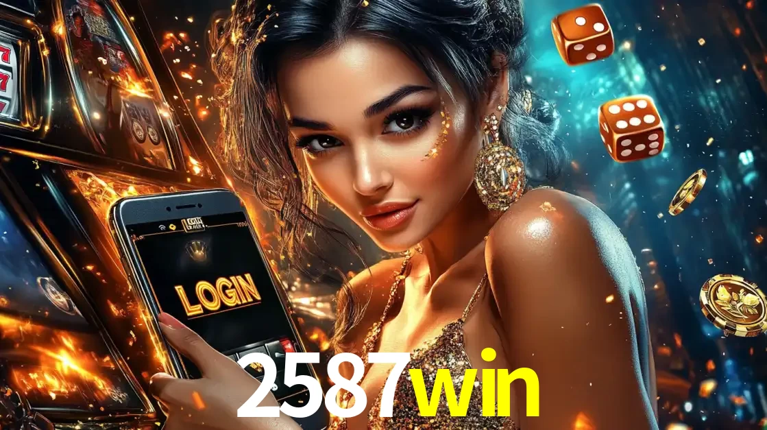 Mulher glamourosa segurando um celular com a tela de login do cassino 2587win, rodeada por dados e moedas douradas, pronta para começar a diversão.