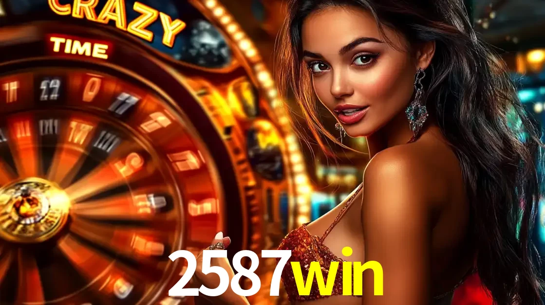 Mulher ao lado da roda de prêmios do jogo de cassino ao vivo Crazy Time, um dos shows de jogos mais emocionantes oferecidos pela plataforma de apostas 2587win.