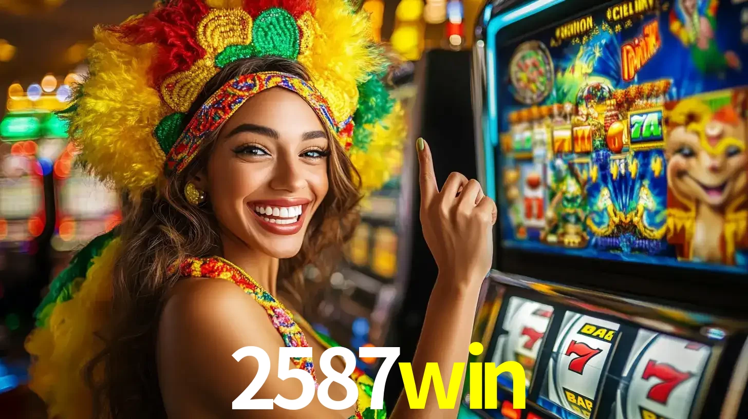 Mulher animada com um cocar de carnaval apontando para uma máquina de caça-níqueis, mostrando a emoção de ganhar um grande prêmio nos jogos do 2587win.