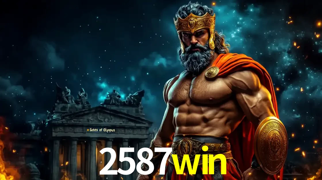O poderoso Zeus do jogo de slot Gates of Olympus em frente ao seu templo, pronto para lançar multiplicadores divinos e prêmios épicos no cassino online 2587win.