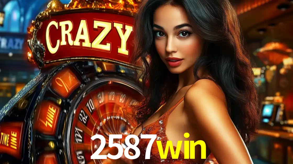Mulher glamourosa olhando para a câmera com a roda vermelha do Crazy Time ao fundo em um ambiente de cassino, destacando a emoção dos jogos ao vivo no 2587win.
