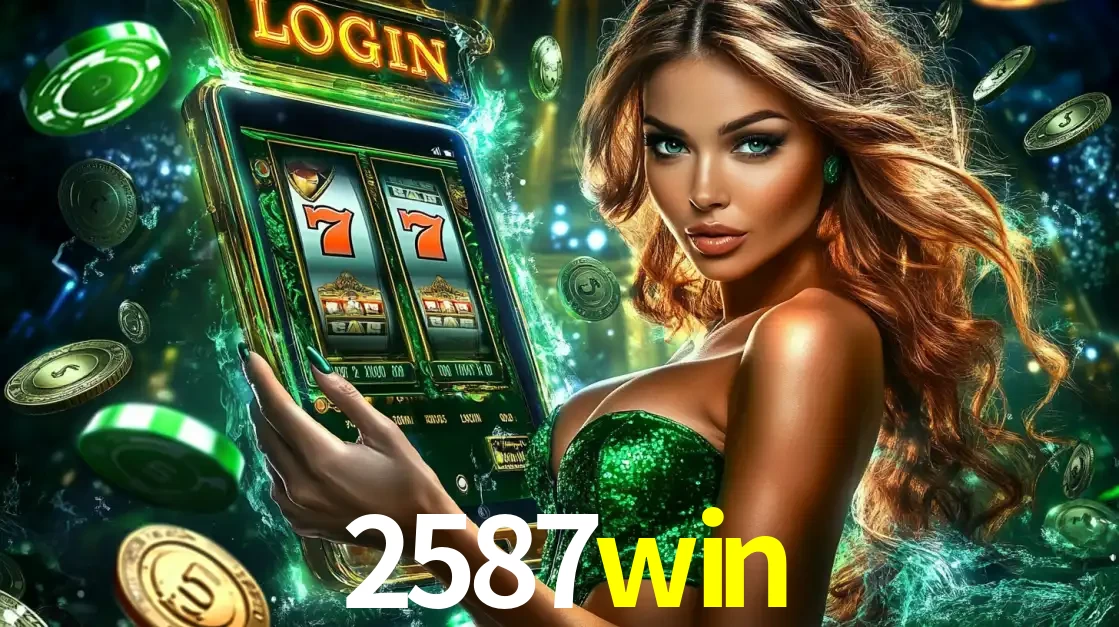 Mulher com tema verde apresentando o aplicativo do cassino 2587win com um jogo de slot de 777, cercada por fichas de cassino e uma aura de sorte.