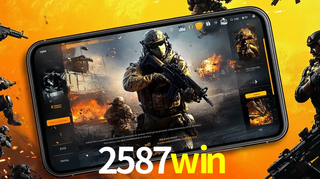 Um smartphone exibindo a interface de um jogo de tiro em primeira pessoa, com um soldado em um cenário de batalha, representando a ação dos e-sports para apostar no 2587win.
