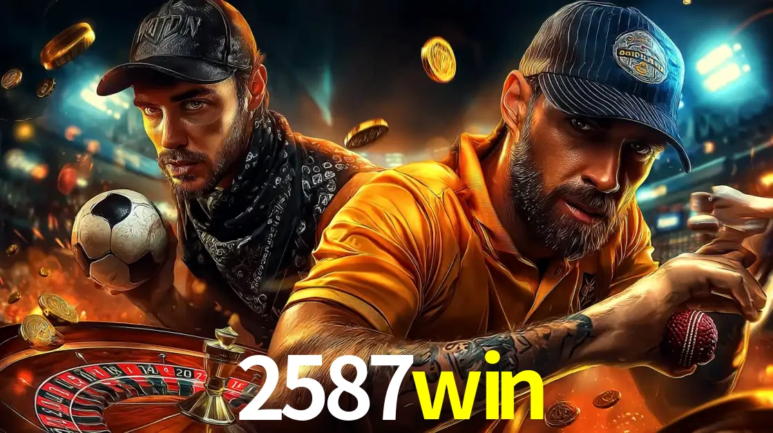 Montagem de apostas esportivas e cassino no 2587win, com um homem segurando uma bola de futebol e outro uma de beisebol sobre uma roleta e moedas voadoras.