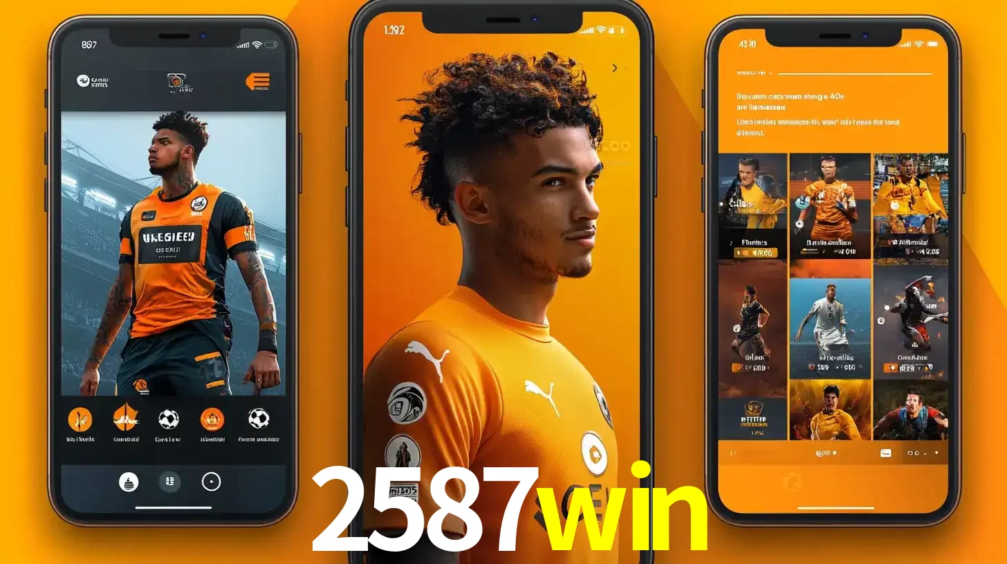 Interface do aplicativo de apostas esportivas 2587win em três telas de celular, mostrando o perfil de um jogador de futebol e a lista de jogos disponíveis para apostar.