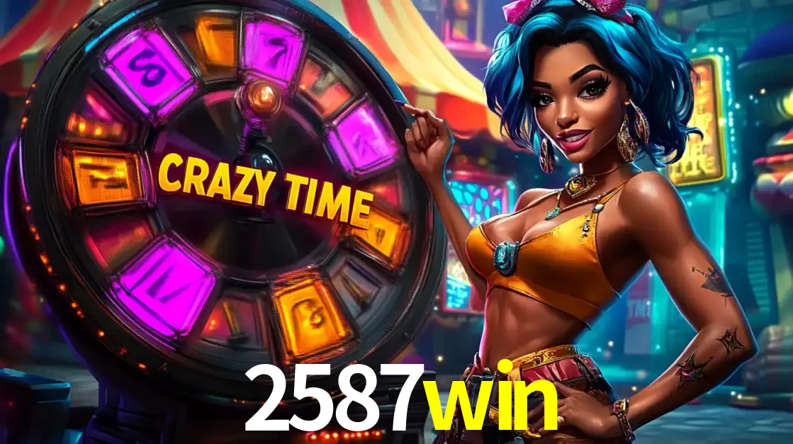 Mulher estilizada com cabelo azul e visual vibrante posando ao lado da roda de prêmios do game show Crazy Time, convidando para a diversão e os bônus do cassino 2587win.