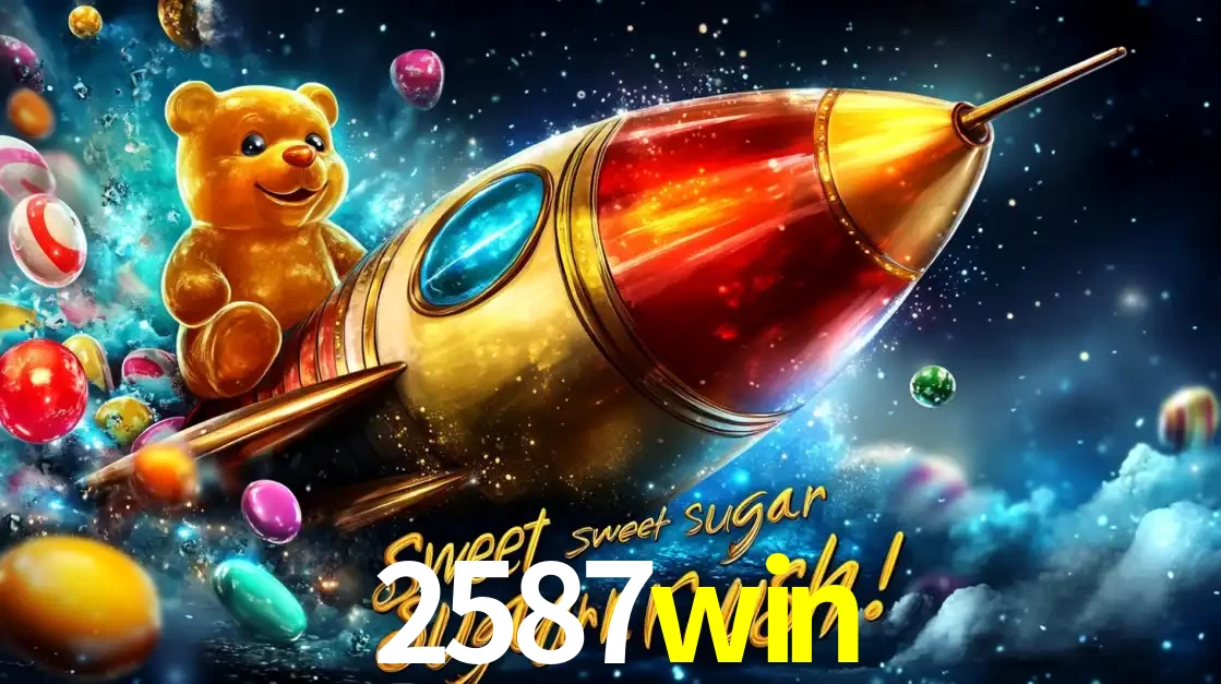 Arte promocional do jogo de slot Sugar Rush, com um urso de pelúcia em um foguete viajando pelo espaço de doces, um dos jogos divertidos disponíveis no cassino 2587win.