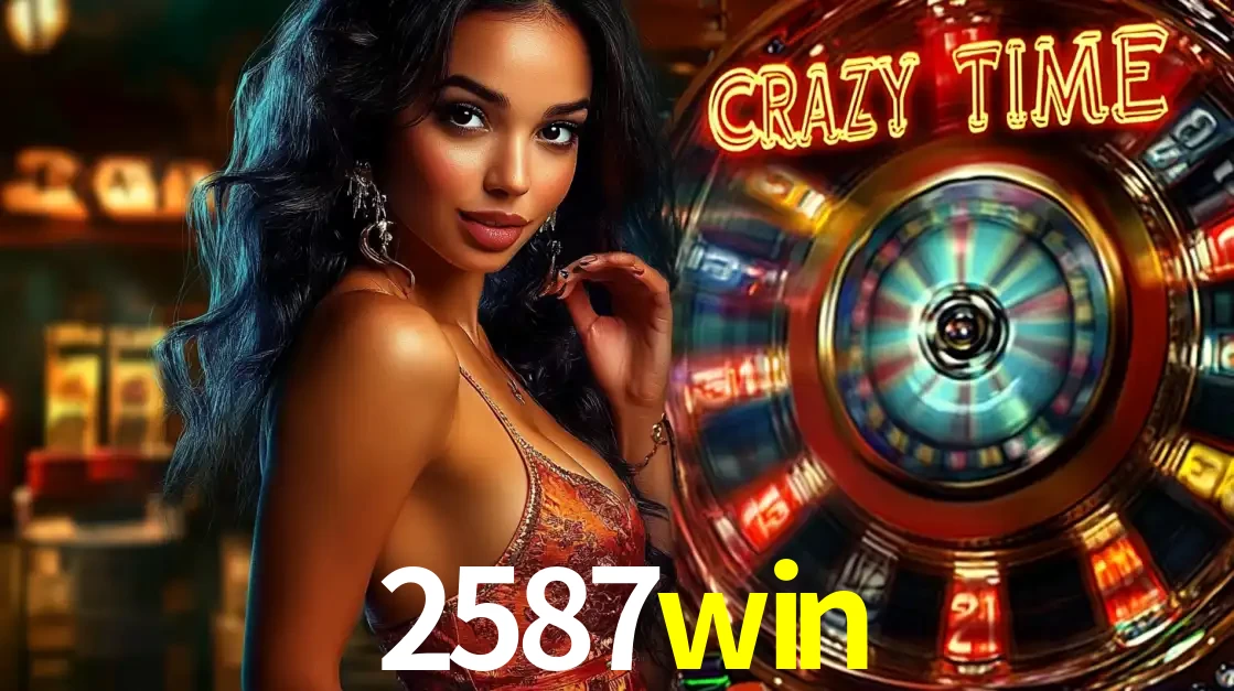 Mulher elegante ao lado da vibrante roda da fortuna do jogo de cassino ao vivo Crazy Time, um dos game shows mais populares e cheios de prêmios do 2587win.