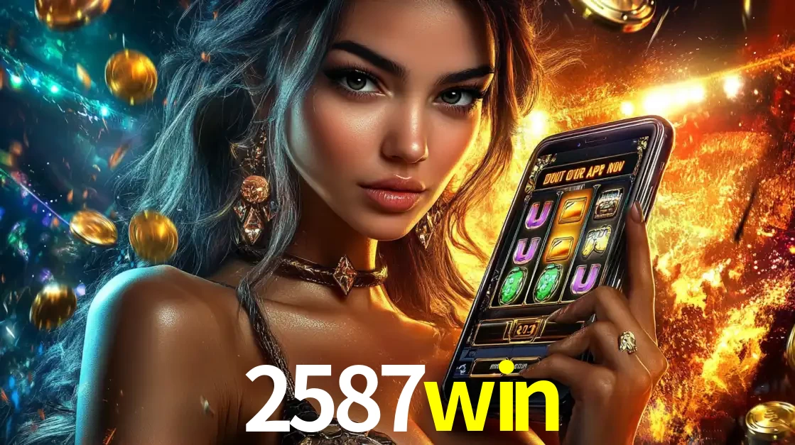 Mulher elegante mostrando um jogo de caça-níqueis em seu smartphone, destacando a experiência de cassino móvel oferecida pelo aplicativo 2587win.