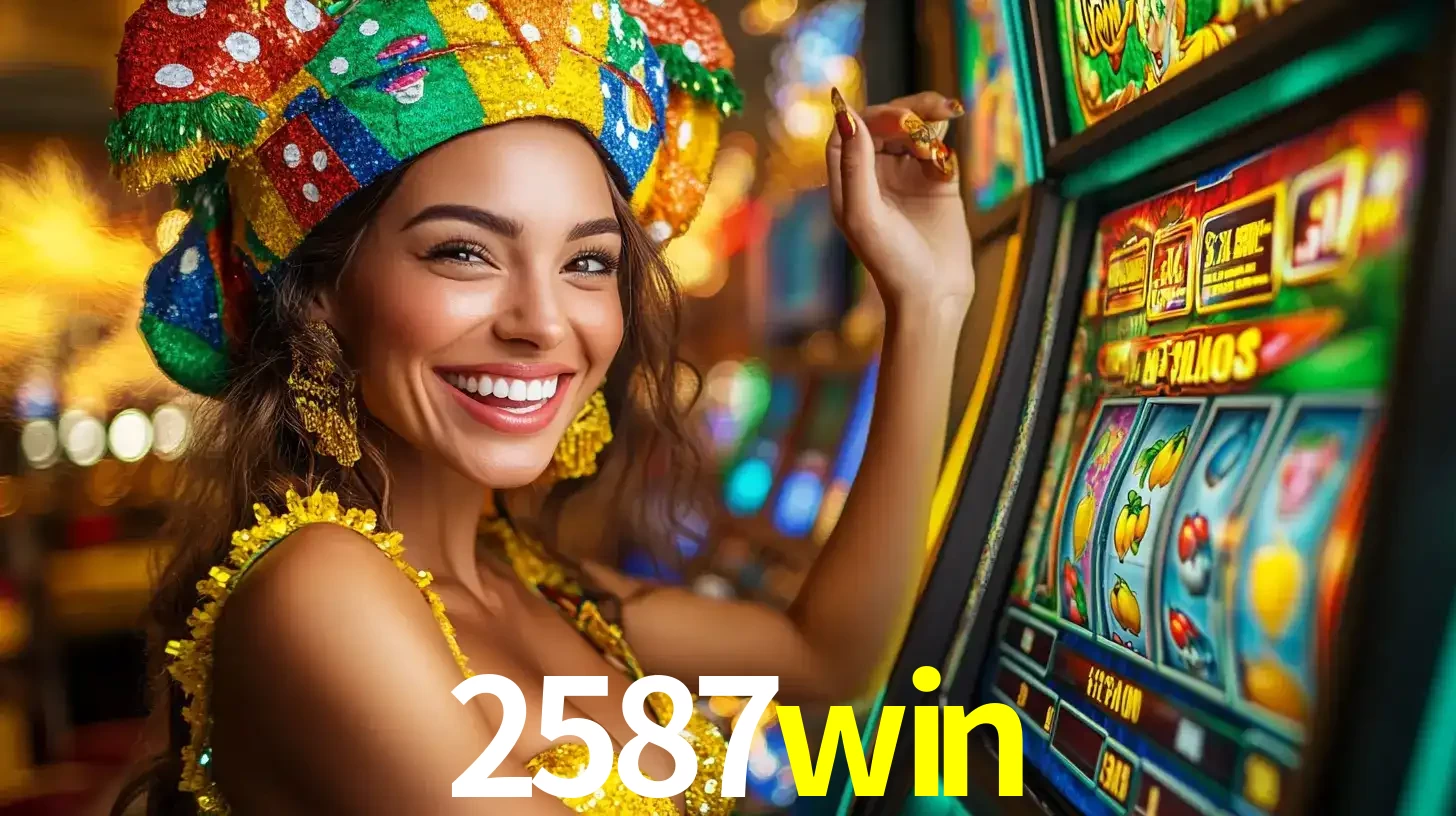 Mulher feliz com traje de carnaval amarelo e colorido ao lado de uma máquina de caça-níqueis, aproveitando a diversão e os jogos temáticos do cassino 2587win.