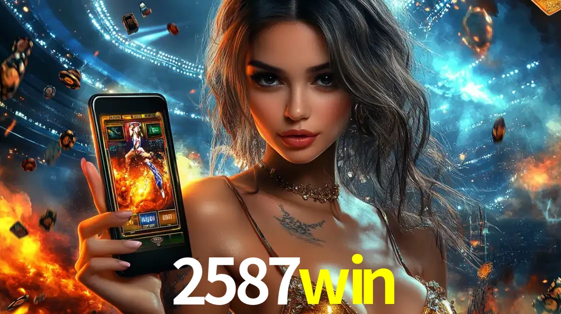 Mulher segurando um celular com um jogo de slot em destaque, tendo como fundo um estádio vibrante, simbolizando a emoção de jogar no cassino móvel 2587win.
