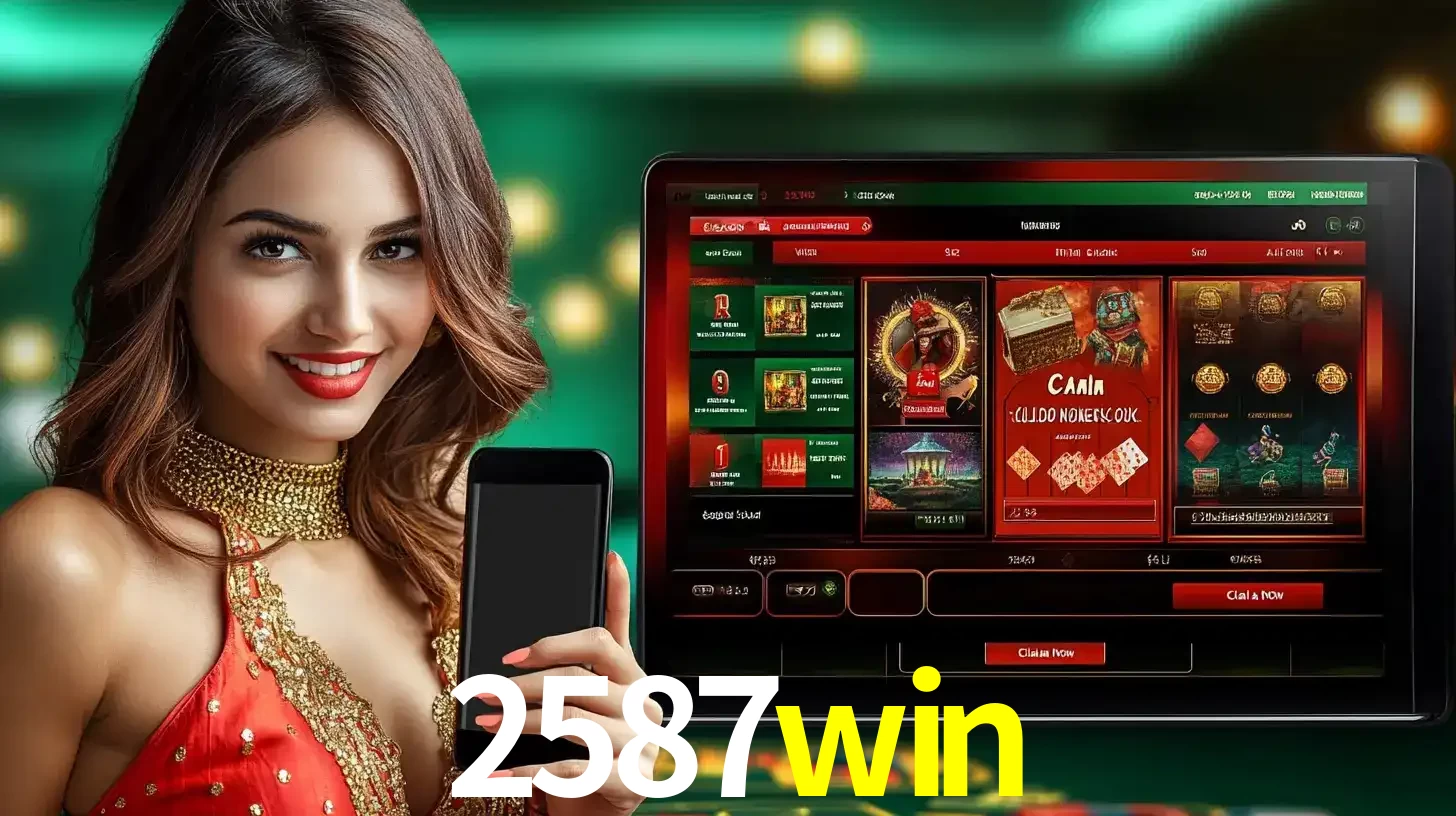 Mulher sorridente segurando um smartphone, ao lado de uma tela exibindo o lobby de jogos do cassino online 2587win, com várias opções de jogos de cartas e slots.